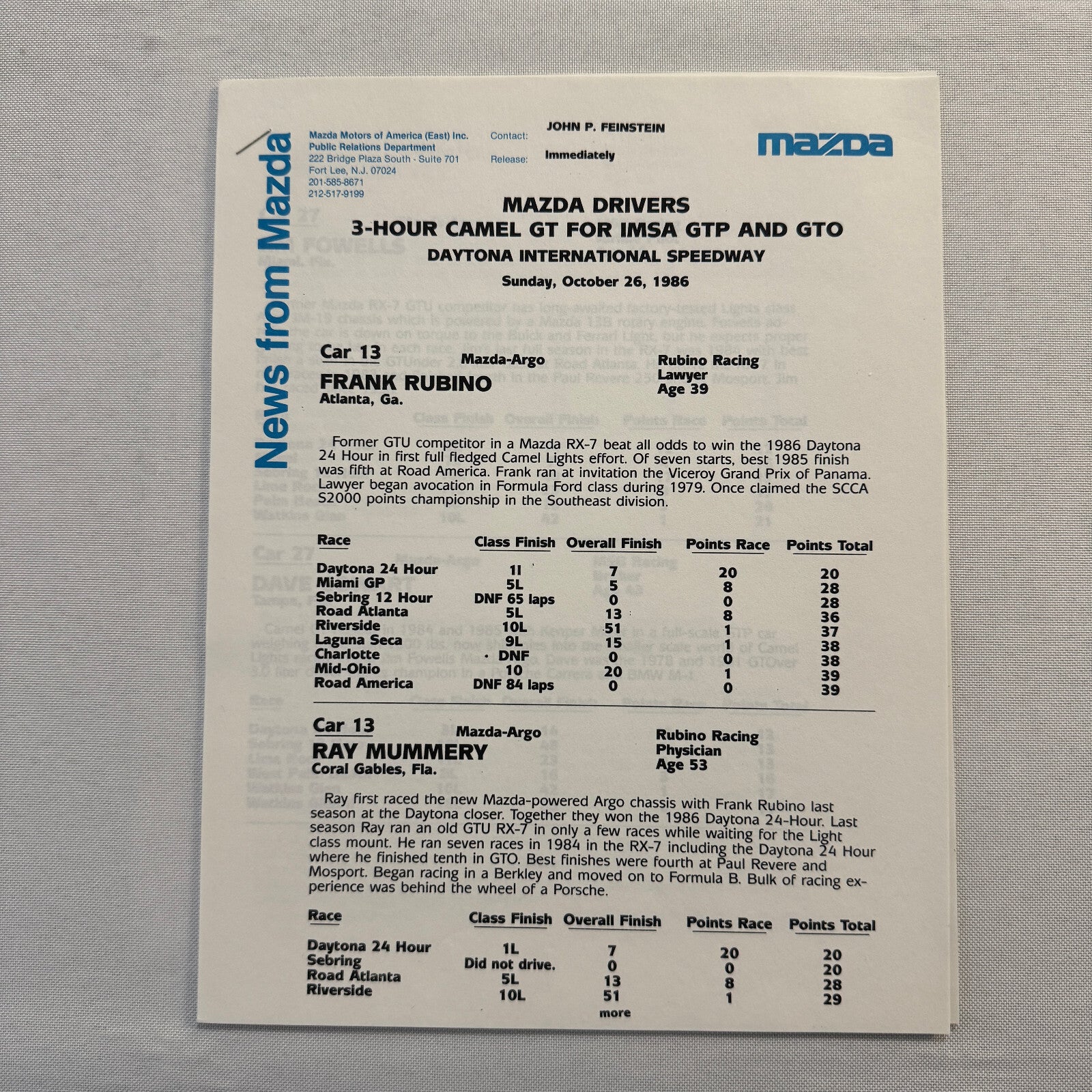 1986 Mazda RX-7 Racing Press Kit Brochure Photos Camel GT