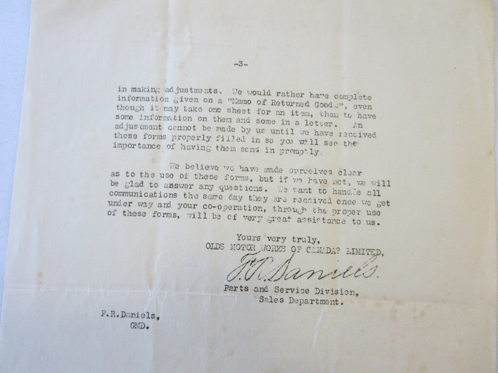 1919 Olds Motor Works of Canada Oldsmobile Factory Dealer Bulletin Letter 3 Page