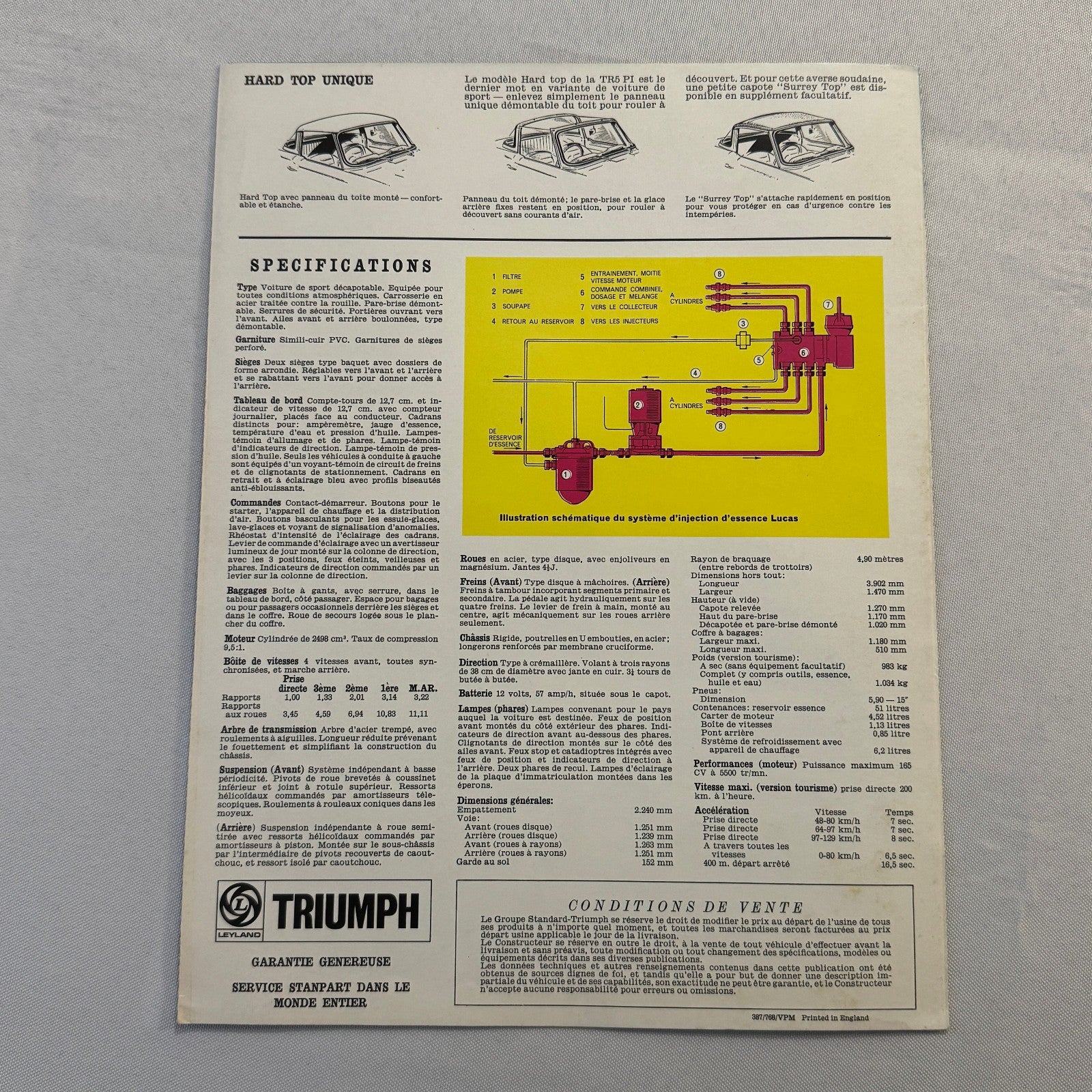 Triumph TR5 PI Roadster Convertible VIntage Car Sales Brochure Catalog FRENCH