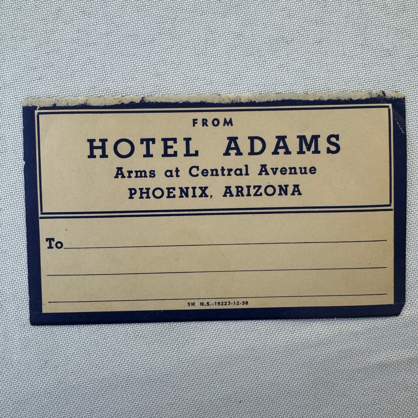 Vintage Hotel Travel Luggage Label Hotel Adams Phoenix Arizona AZ