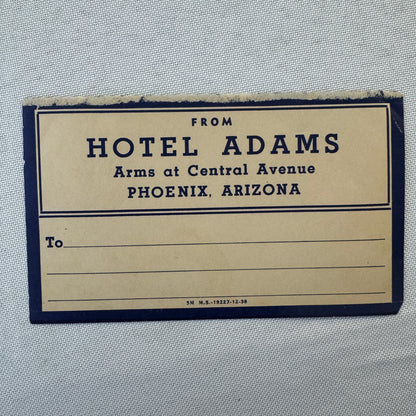 Vintage Hotel Travel Luggage Label Hotel Adams Phoenix Arizona AZ