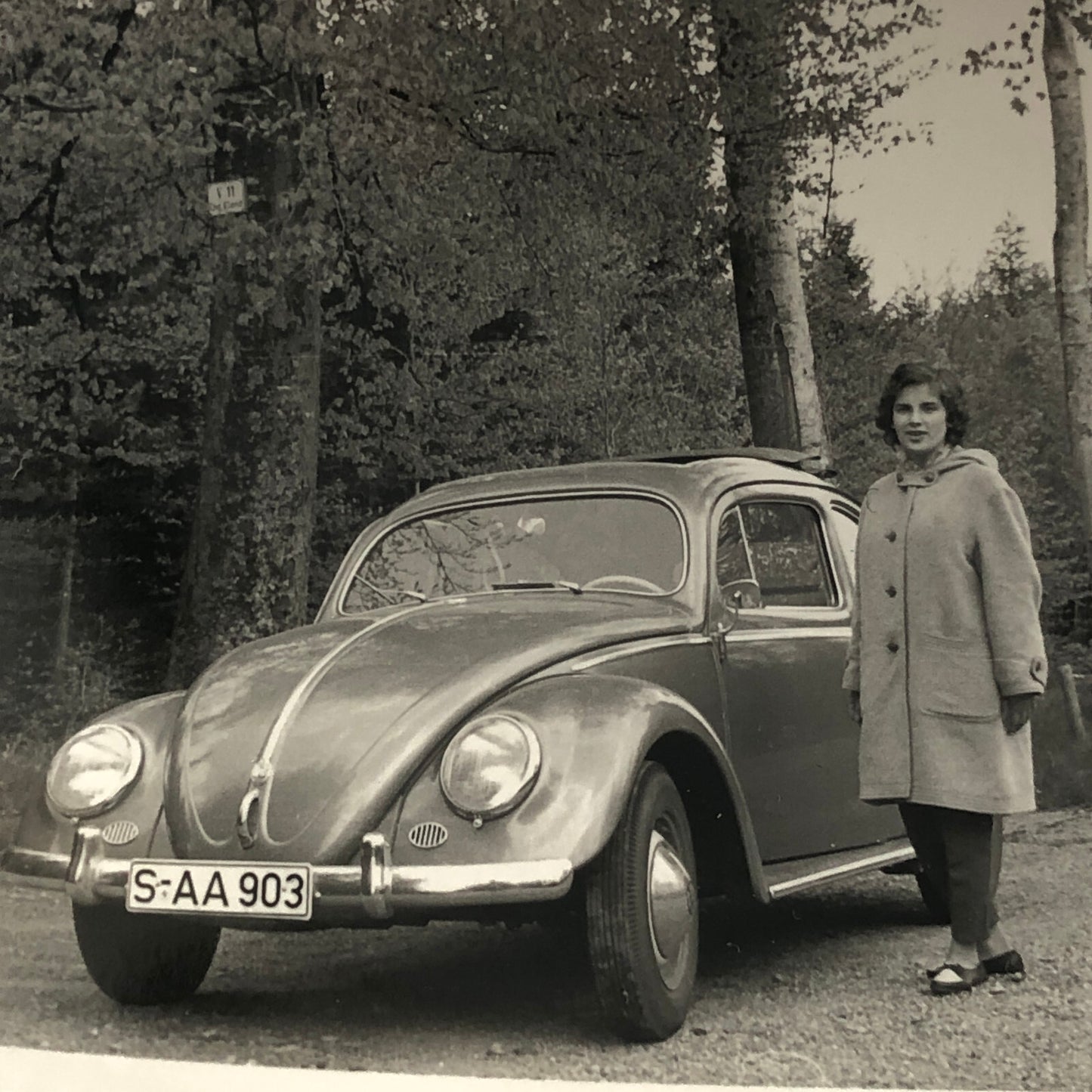 Vintage Photo Photograph Snapshot Woman with Volkswagen Beetle Bug Car