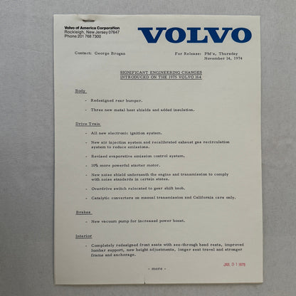 1975 Volvo Press Kit Brochure w/ Photos 164 240 Series Sedan Station Wagon 