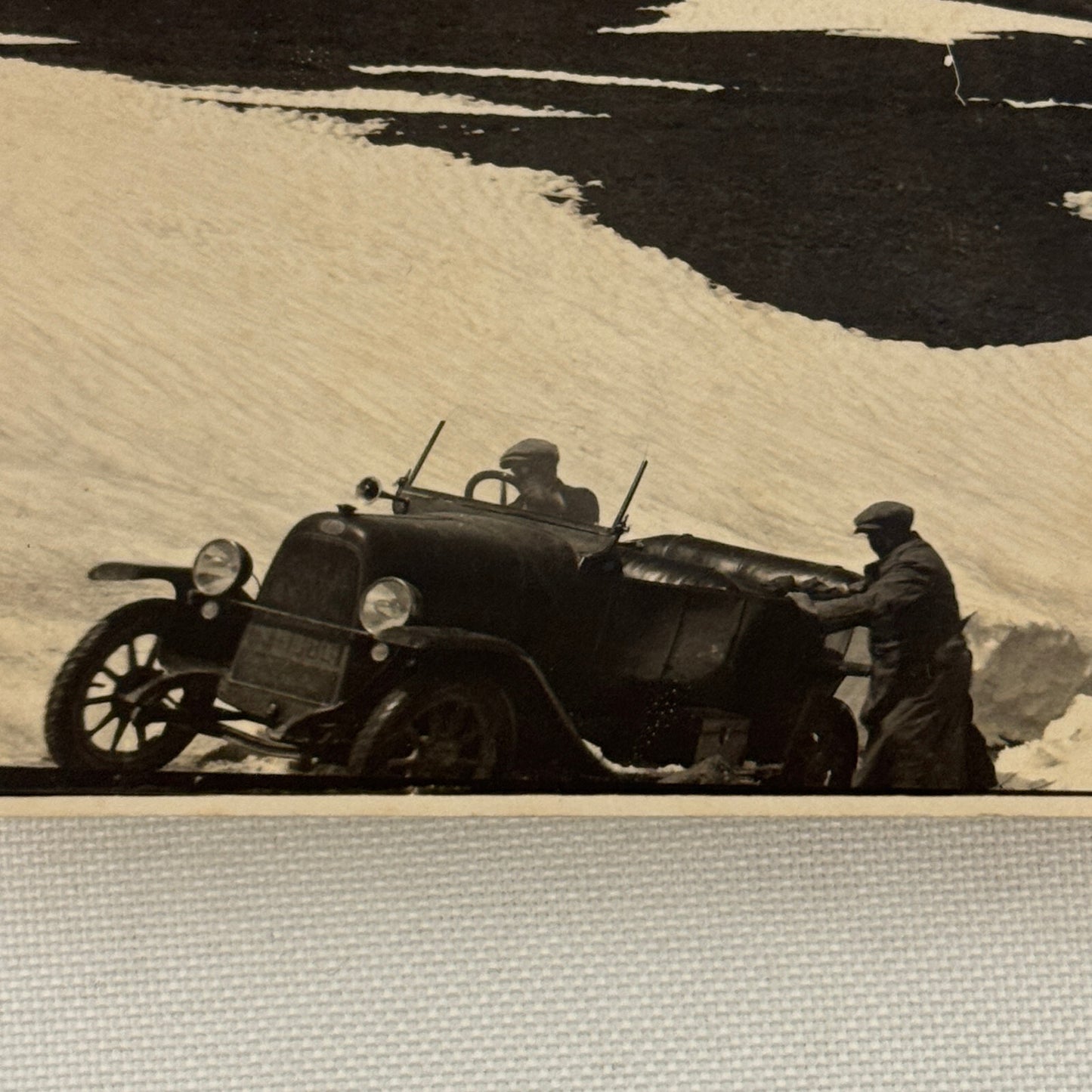 Vintage Photo Photograph Print Early Car Automobile Snow Mountain People