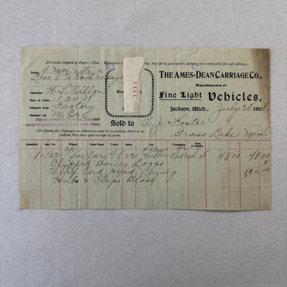 The Ames Dean Carriage Company Jackson Michigan 1908 Receipt Document Lot 2x