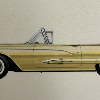 1959 Ford Thunderbird Convertible Car Illustration Art Drawing Vintage Miniature
