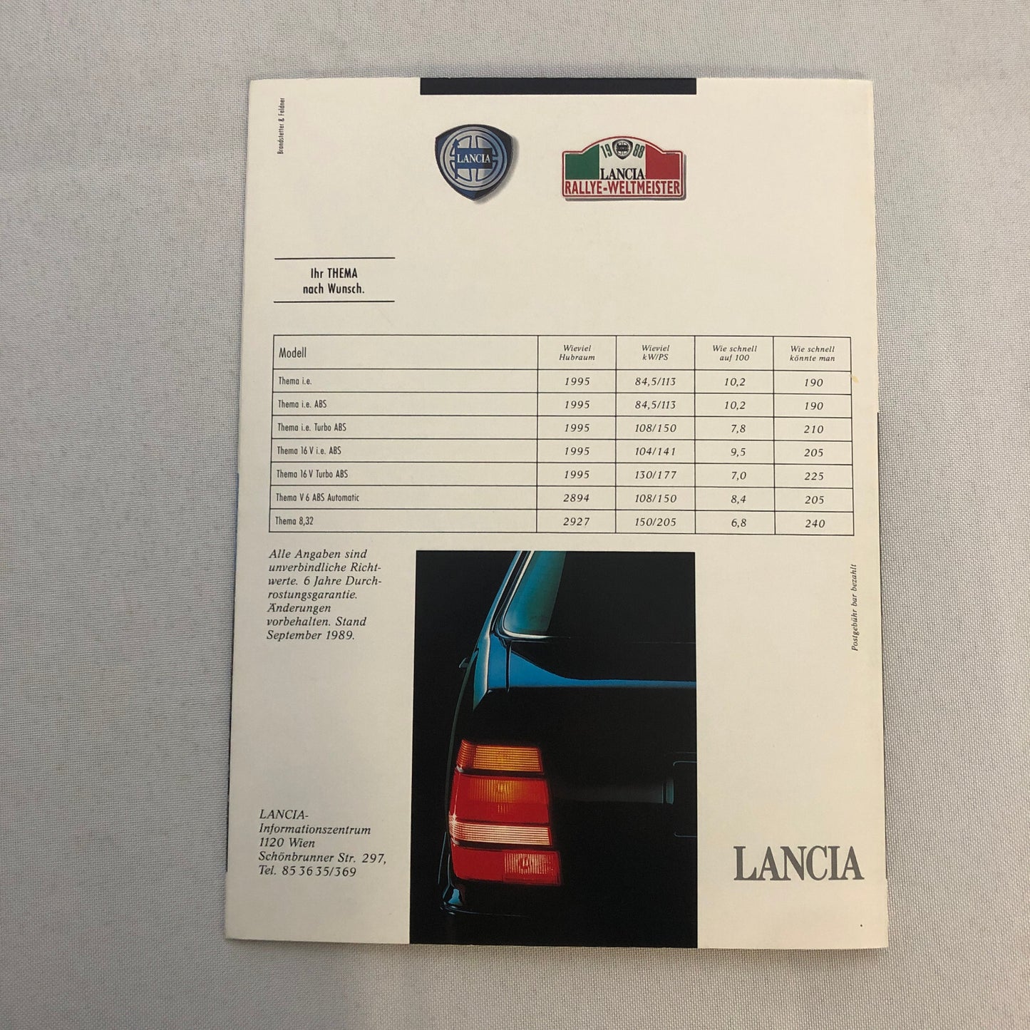 1989 Lancia Thema Car Sales Brochure Catalog German