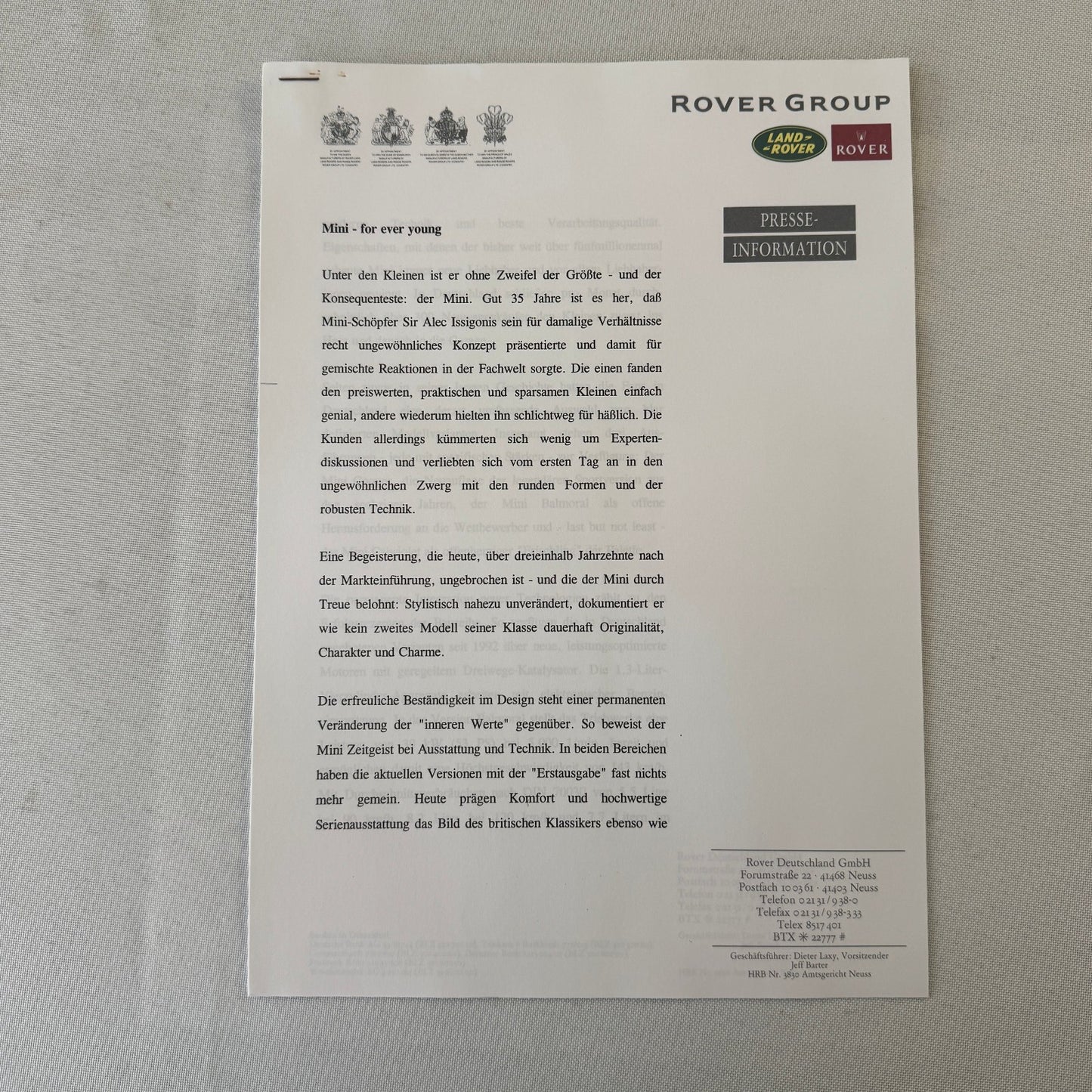 1995 1996 Rover Land Rover Press Kit Mini Cooper MG MGF Range Rover GERMAN