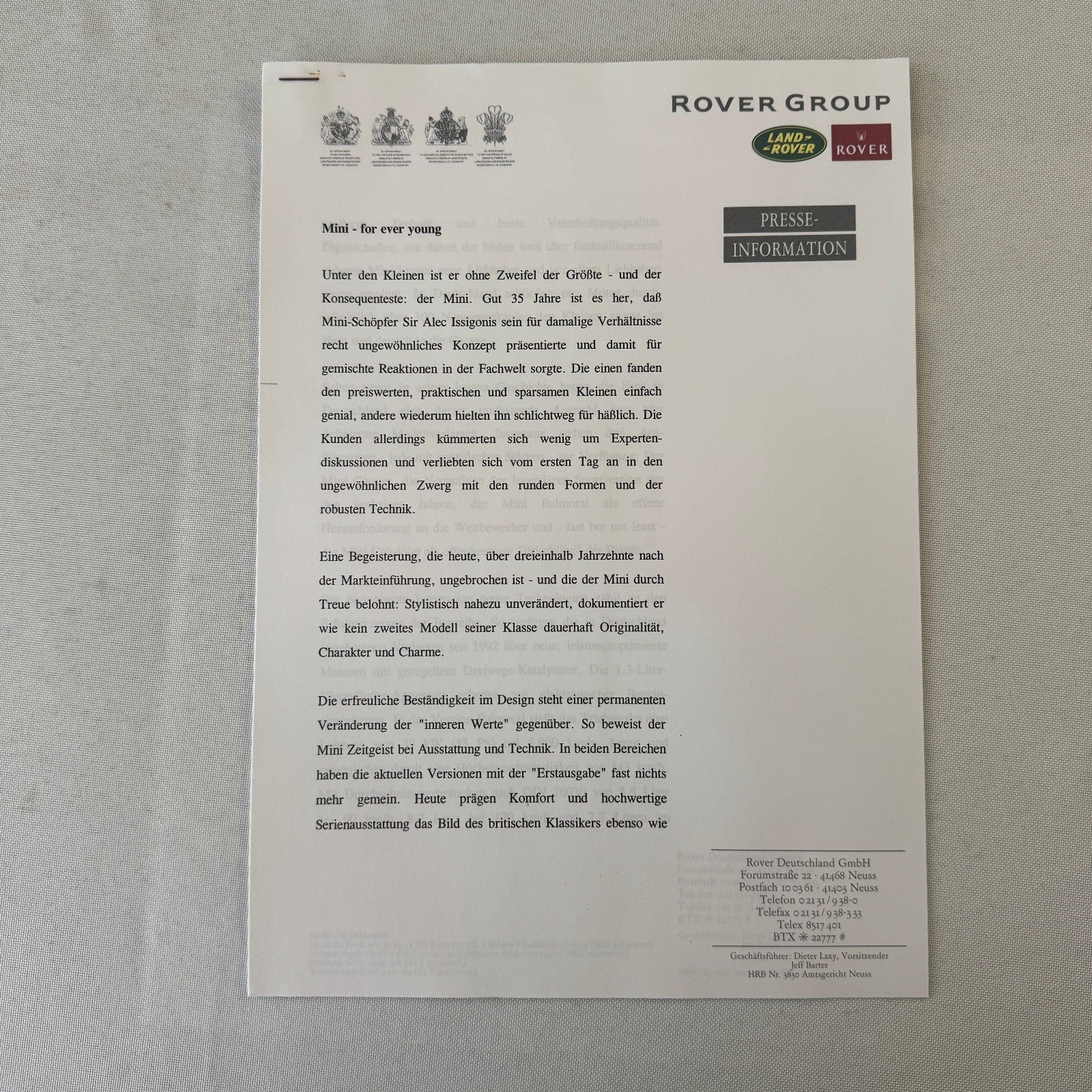 1995 1996 Rover Land Rover Press Kit Mini Cooper MG MGF Range Rover GERMAN