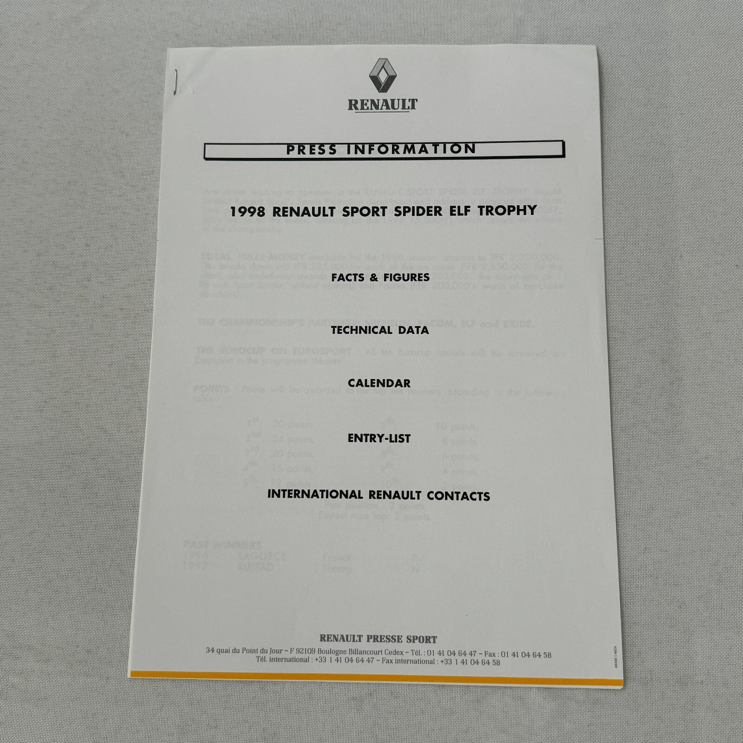 1998 Renault Sport Press Kit Spider ELF Trophy Racing Photos Documents