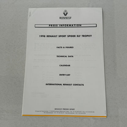1998 Renault Sport Press Kit Spider ELF Trophy Racing Photos Documents