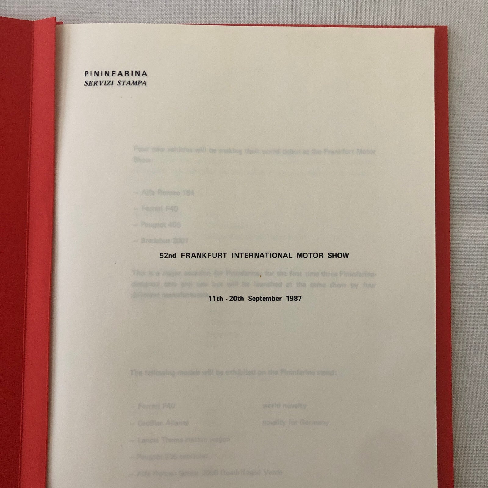 1987 Pininfarina Press Kit Ferrari F40 Alfa Romeo 164 Cadillac Allante Peugeot