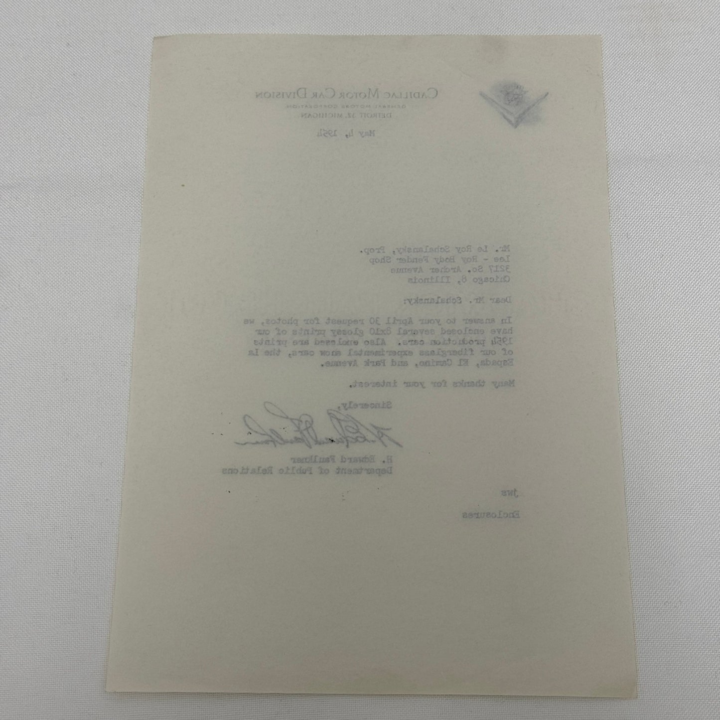 1954 Cadillac Letter Letterhead Vintage Document Signed Public Relations