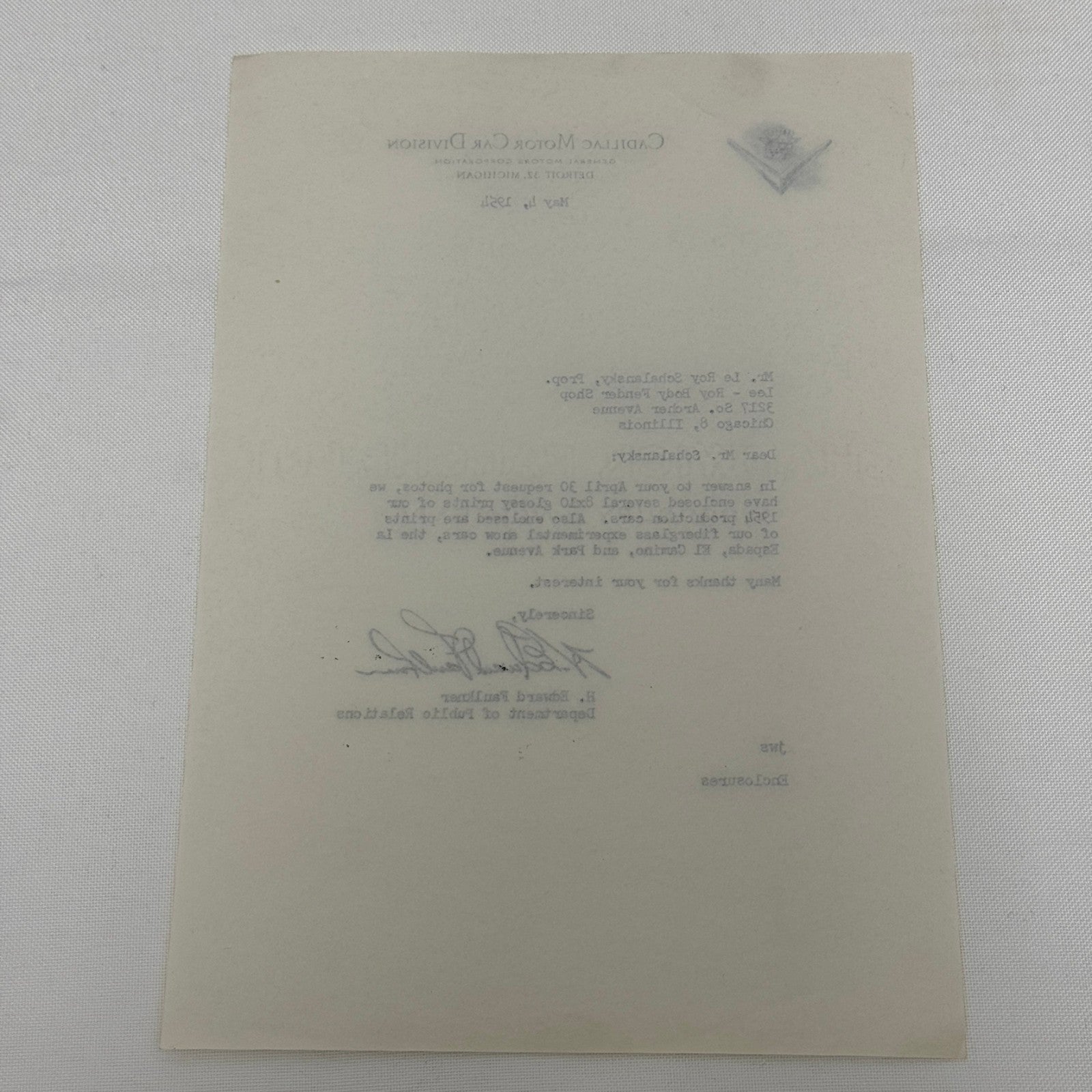 1954 Cadillac Letter Letterhead Vintage Document Signed Public Relations