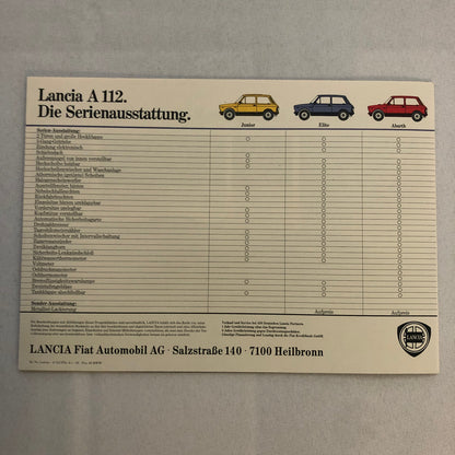 Lancia A112 Elite Car Sales Brochure Catalog Vintage GERMAN Lancia A 112