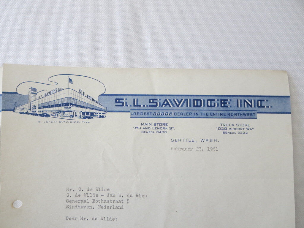 1949 1951 Dodge Plymouth Dealership Letter S.L. Savidge Motors Letterhead