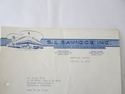 1949 1951 Dodge Plymouth Dealership Letter S.L. Savidge Motors Letterhead