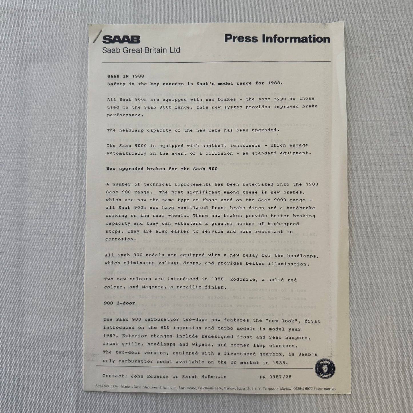 1988 Saab Press Kit Photos Saab 900 Turbo 16 Convertible 900 Turbo UK Market