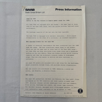 1988 Saab Press Kit Photos Saab 900 Turbo 16 Convertible 900 Turbo UK Market