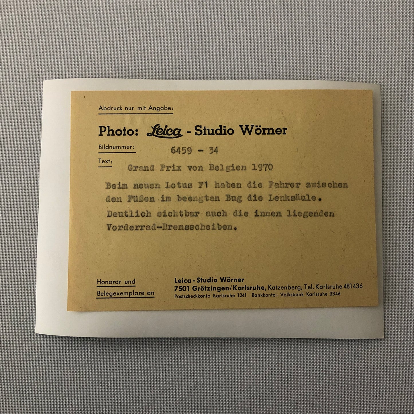 1970 Belgian Grand Prix Lotus F1 Racing Car Photo Photograph Studio Worner