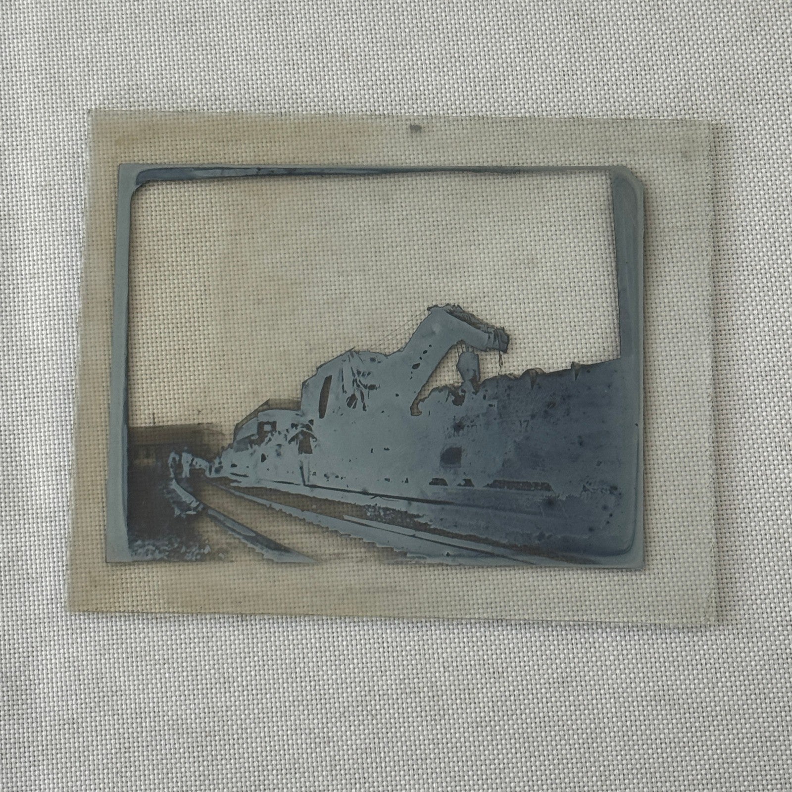 Antique Glass Plate Lantern Slide Photo Train with Crane