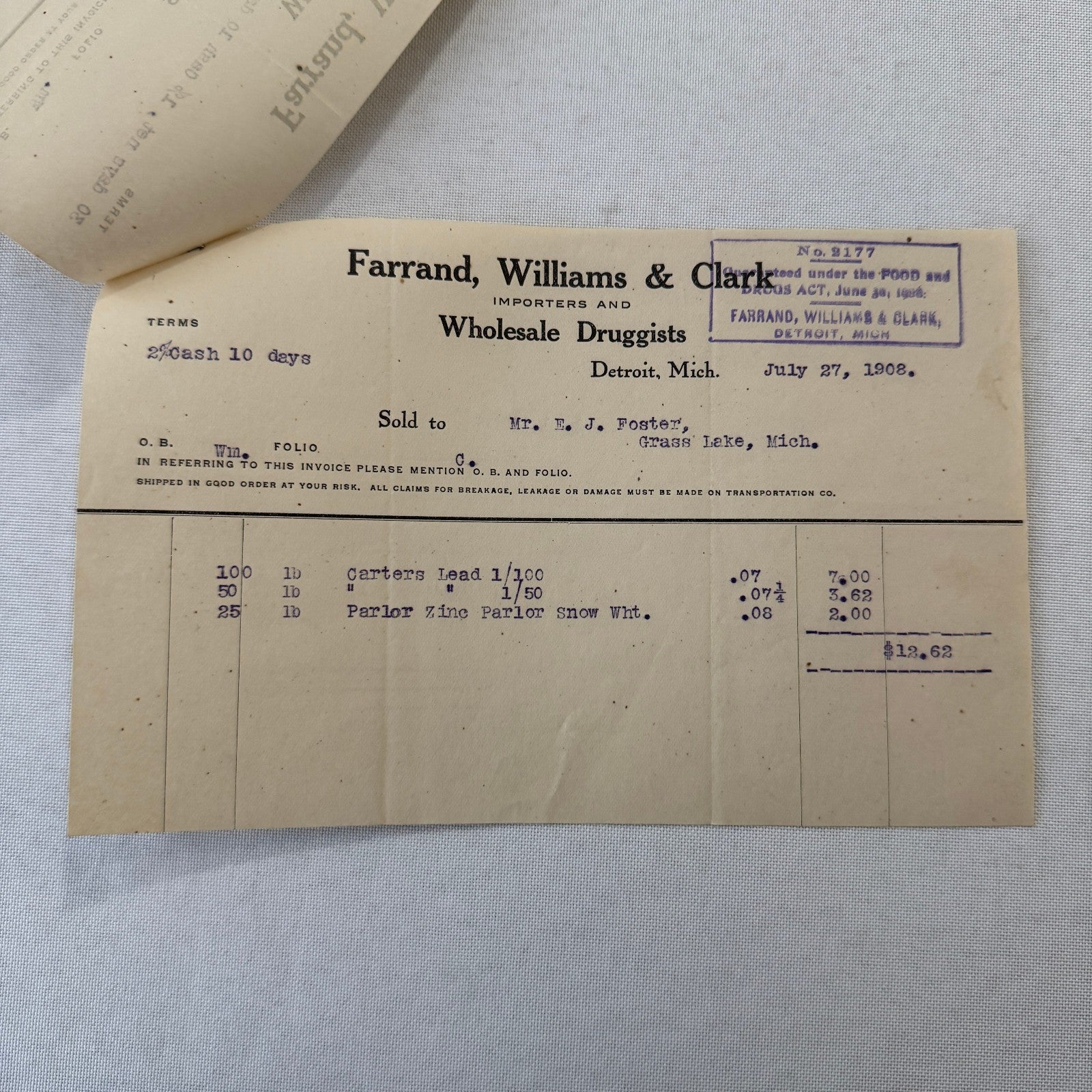Farrand Williams and Clark Wholesale Druggists Detroit 1908 Invoice Receipt Lot