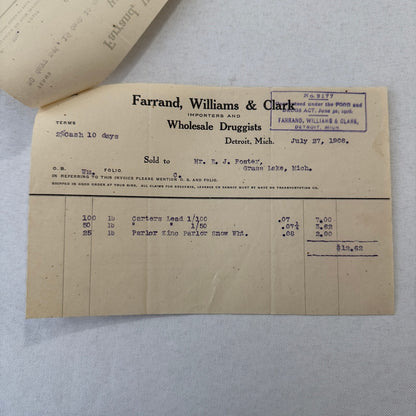 Farrand Williams and Clark Wholesale Druggists Detroit 1908 Invoice Receipt Lot