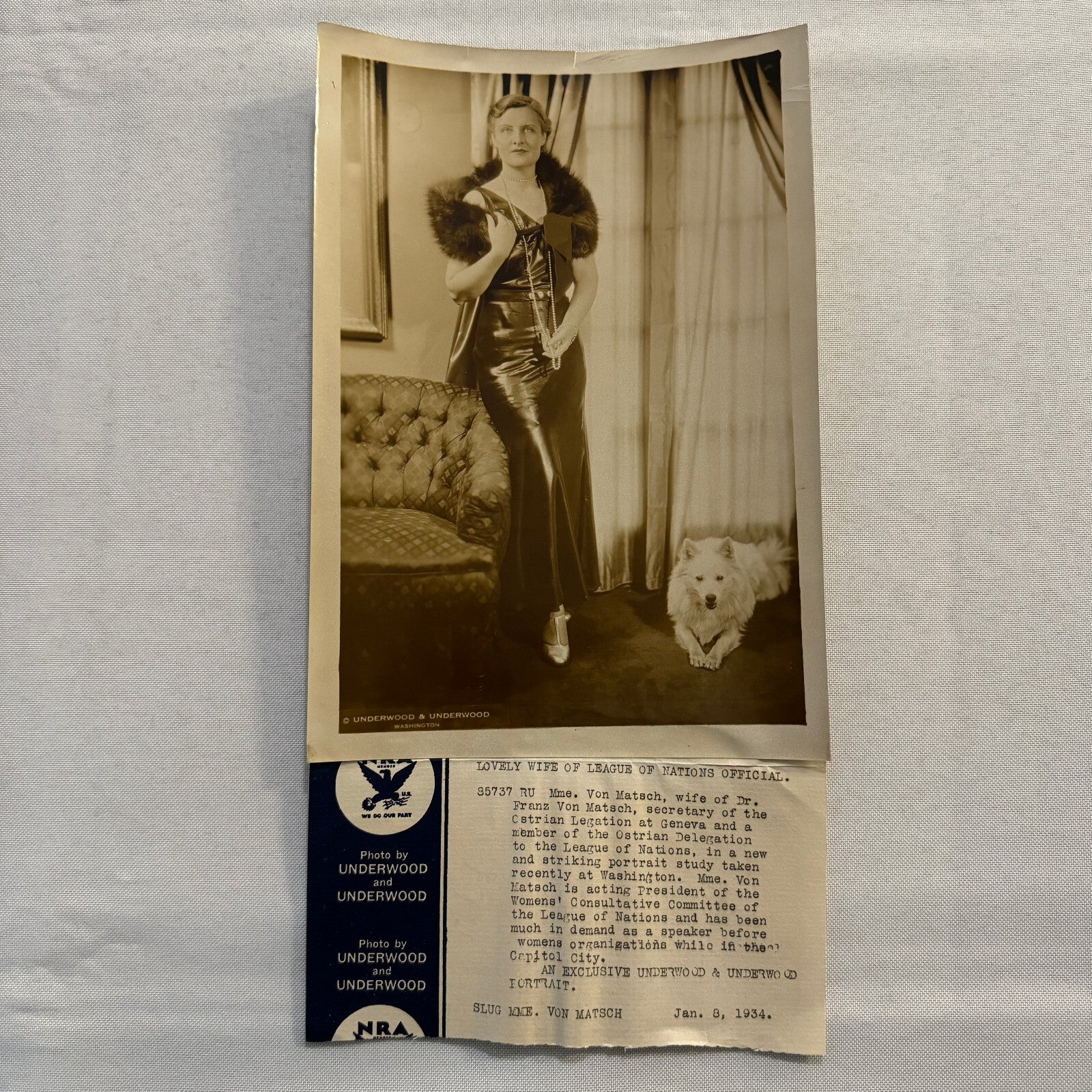 1934 Press Photo Photograph Wife of League of Nations Official with Dog