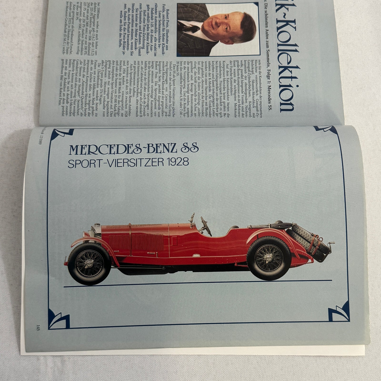 1928 Mercedes Benz SS Sport Versitzer Car Illustration Hand Drawn Art Vintage