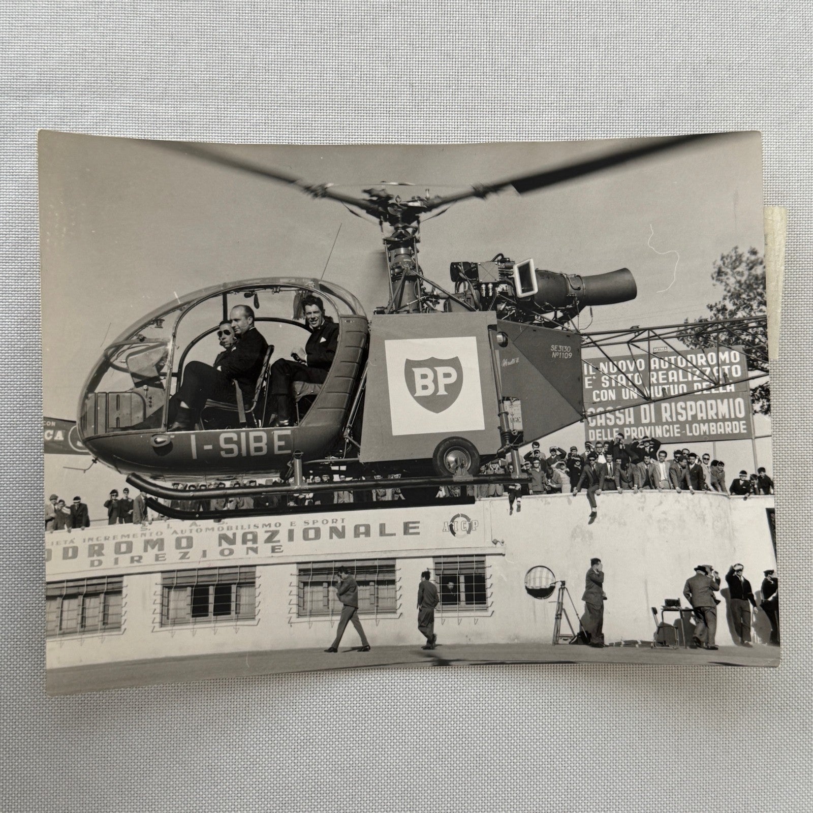 Juan Manuel Fangio in BP Helicopter At Italian Formula Junior Race Photo 1959