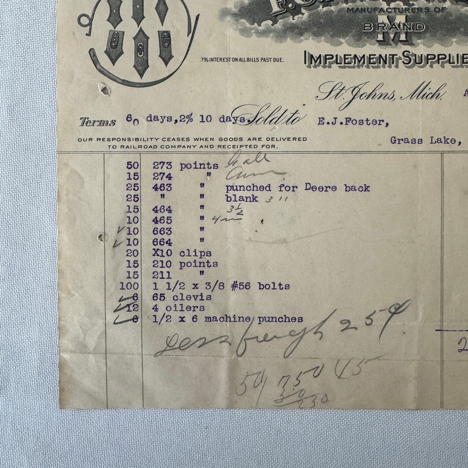 FC Mason Company M Brand Implement Invoice Receipt Document Letterhead 1908 Lot