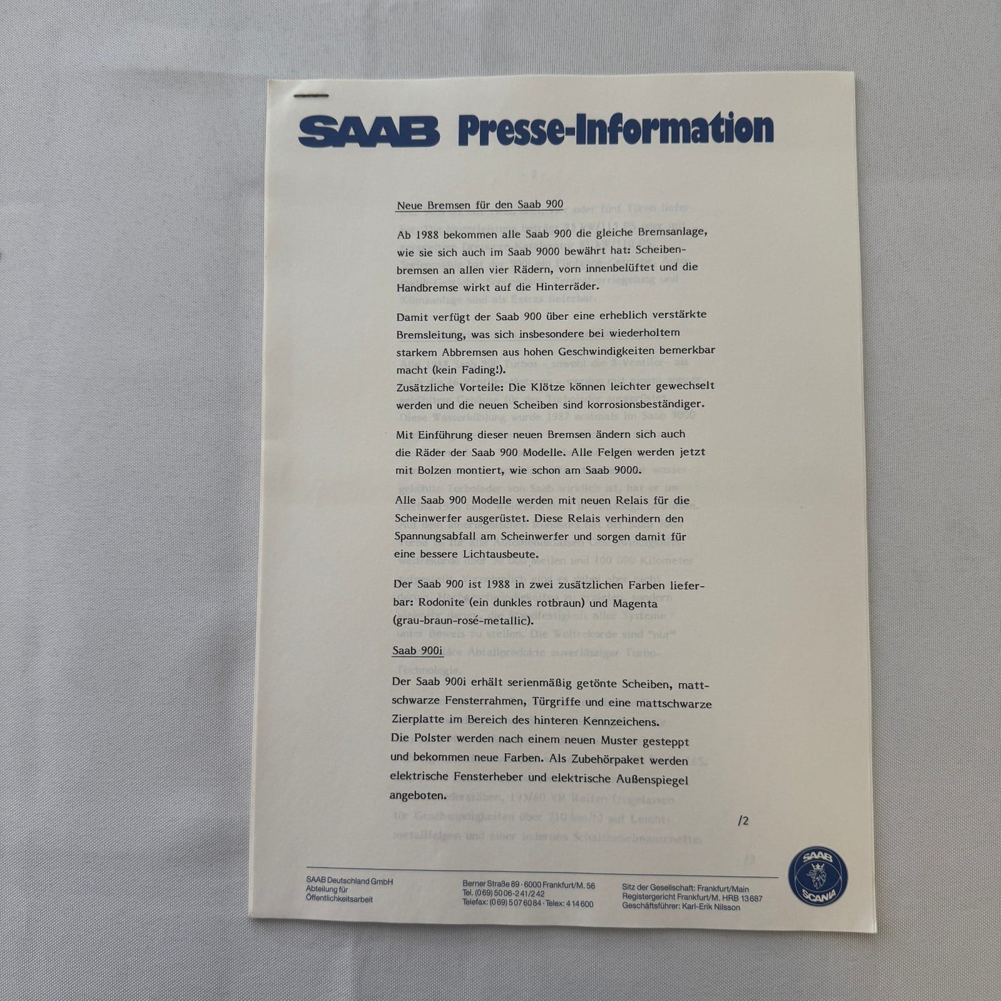 1988 Saab Press Kit Brochure Photos Saab 900 Turbo Cabriolet Convertible GERMAN