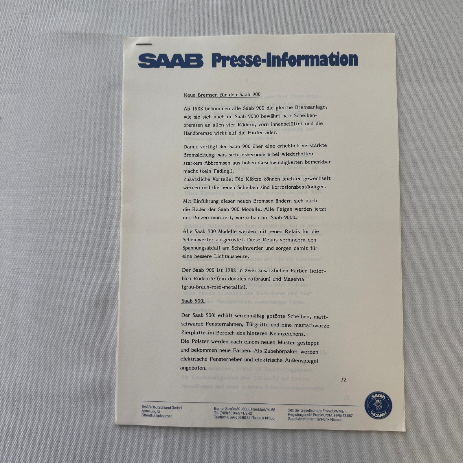 1988 Saab Press Kit Brochure Photos Saab 900 Turbo Cabriolet Convertible GERMAN