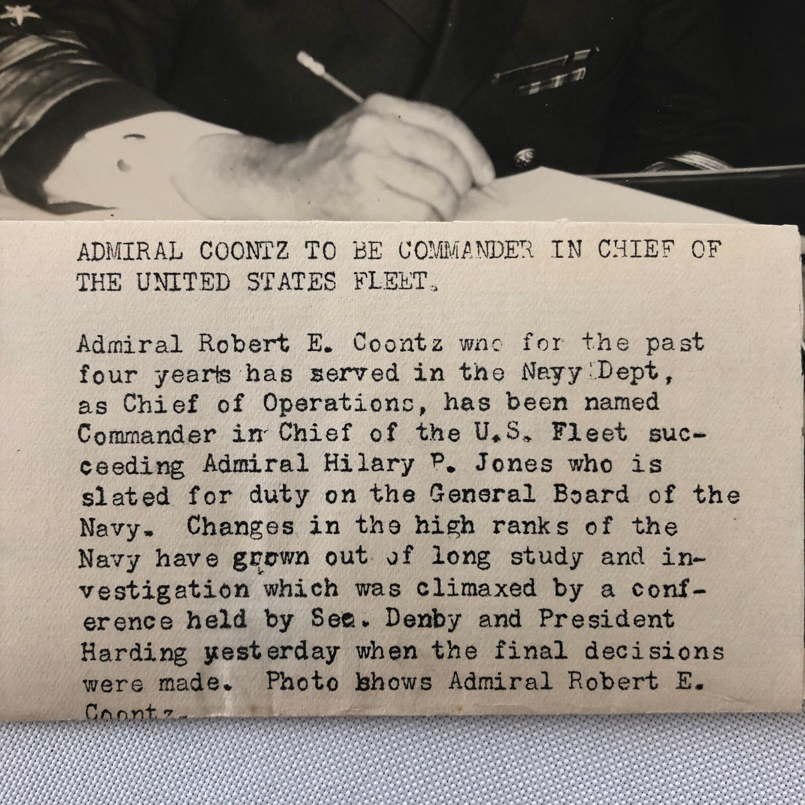 Press Photo Photograph Navy Admiral Robert E Coontz Commander Keystone Photo