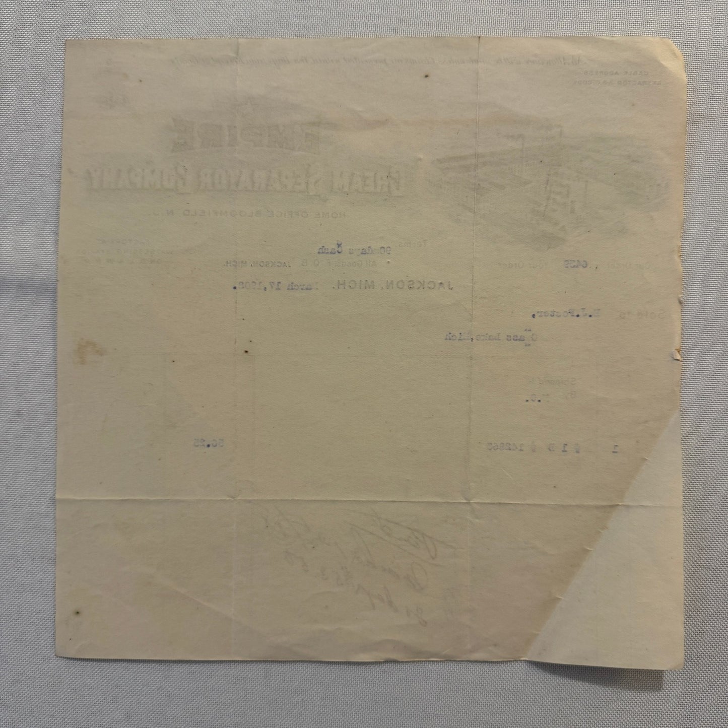 1908 Empire Cream Separator Company Document Invoice Letterhead Bloomfield NJ