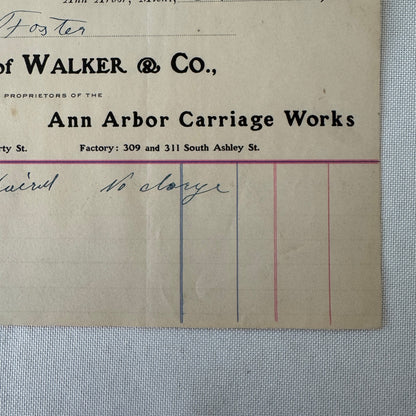 1907 Walker and Company Ann Arbor Carriage Works Receipt Letterhead Document