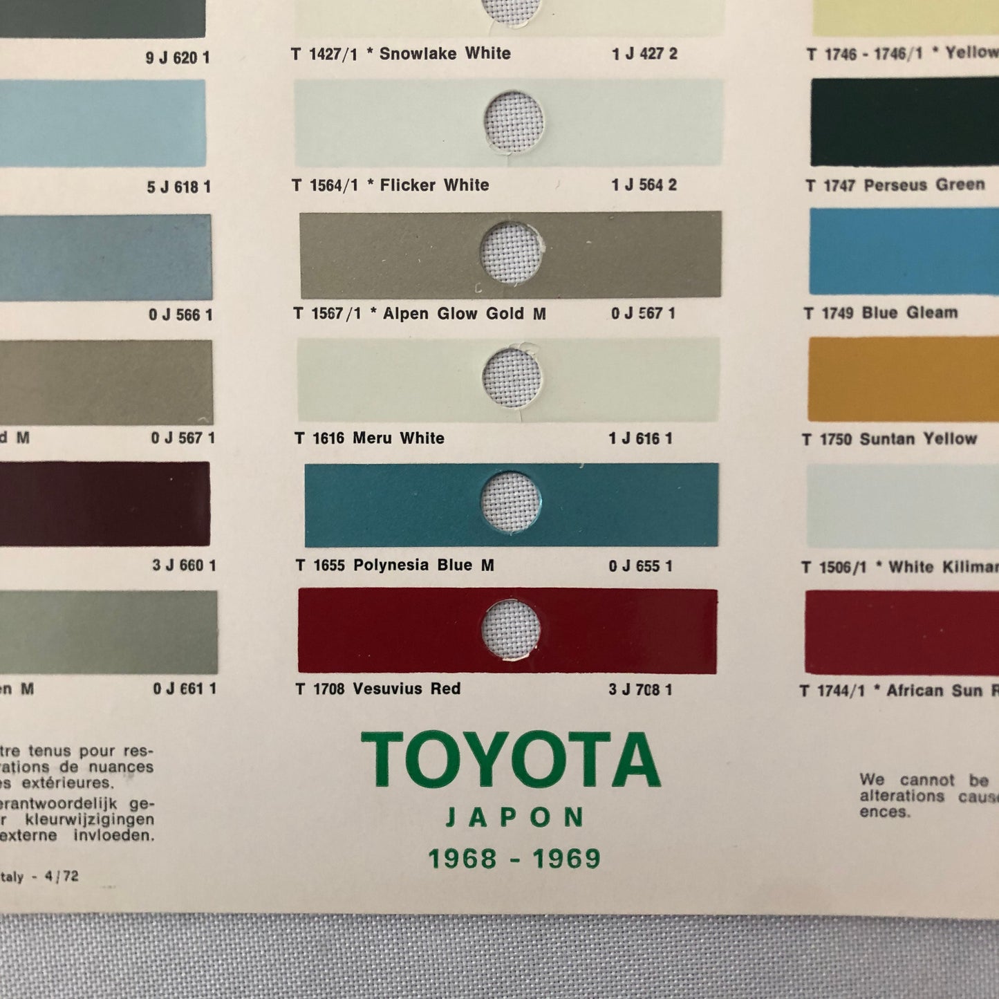 1968 1969 Toyota Car Paint Chip Color Sample Sheet Valentine