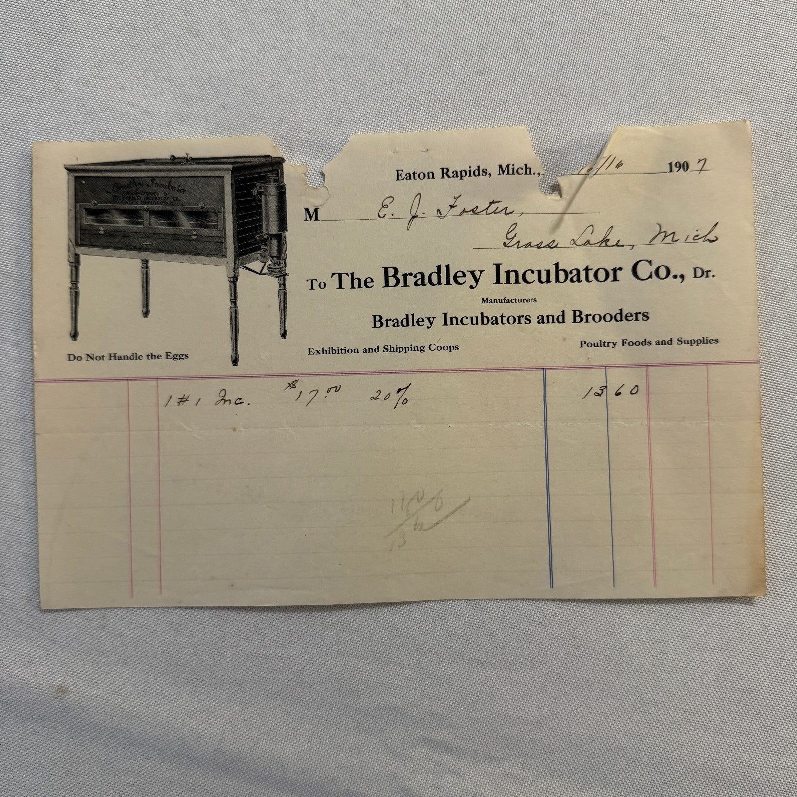 1908 Bradley Incubator Company Eaton Rapids Michigan Invoice Document Antique