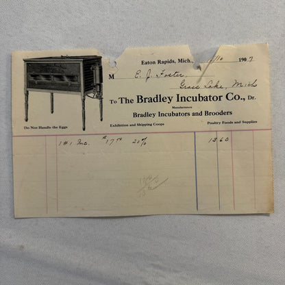 1908 Bradley Incubator Company Eaton Rapids Michigan Invoice Document Antique