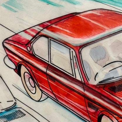 Vintage Art Illustration Zacron BMW 3.0 CSL Car Automobile Led Zeppelin Artist