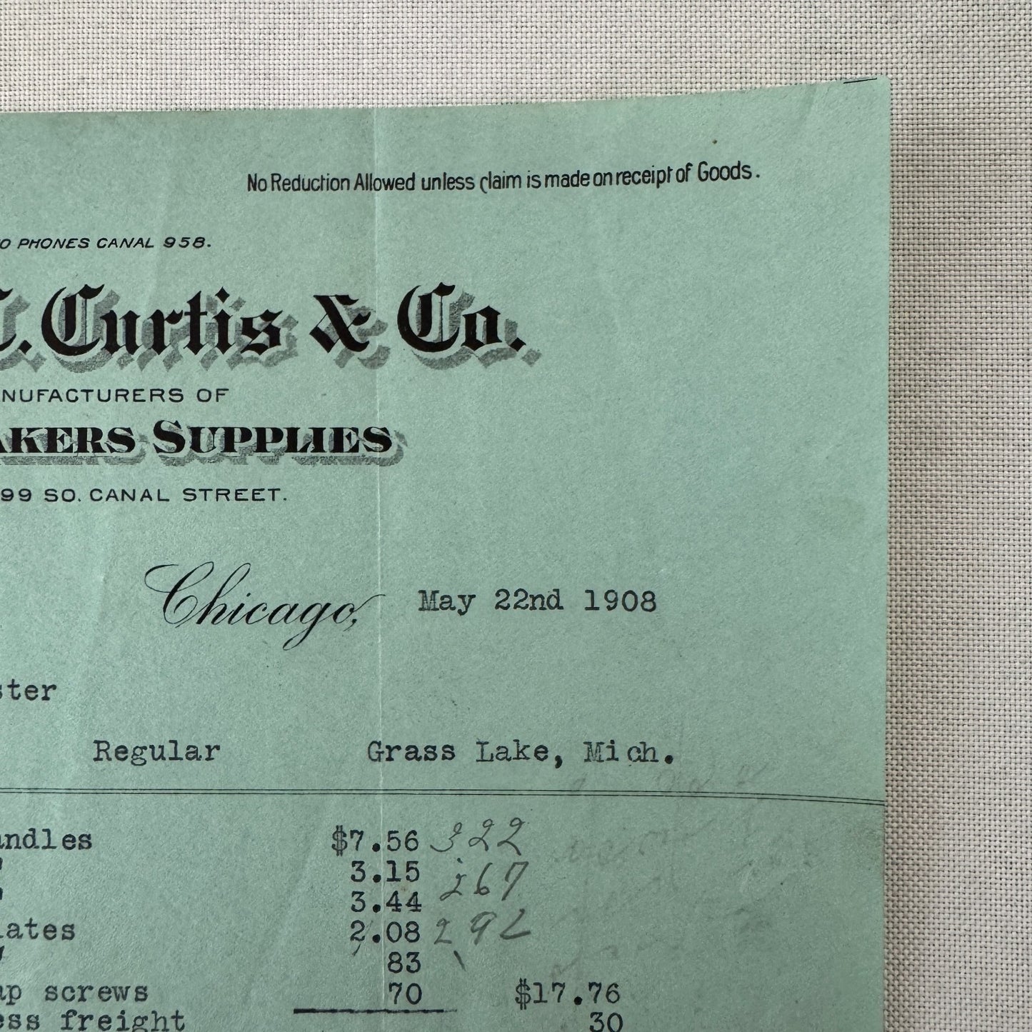 James C Curtis Company Undertakers Supplies Invoice Document 1908 Chicago