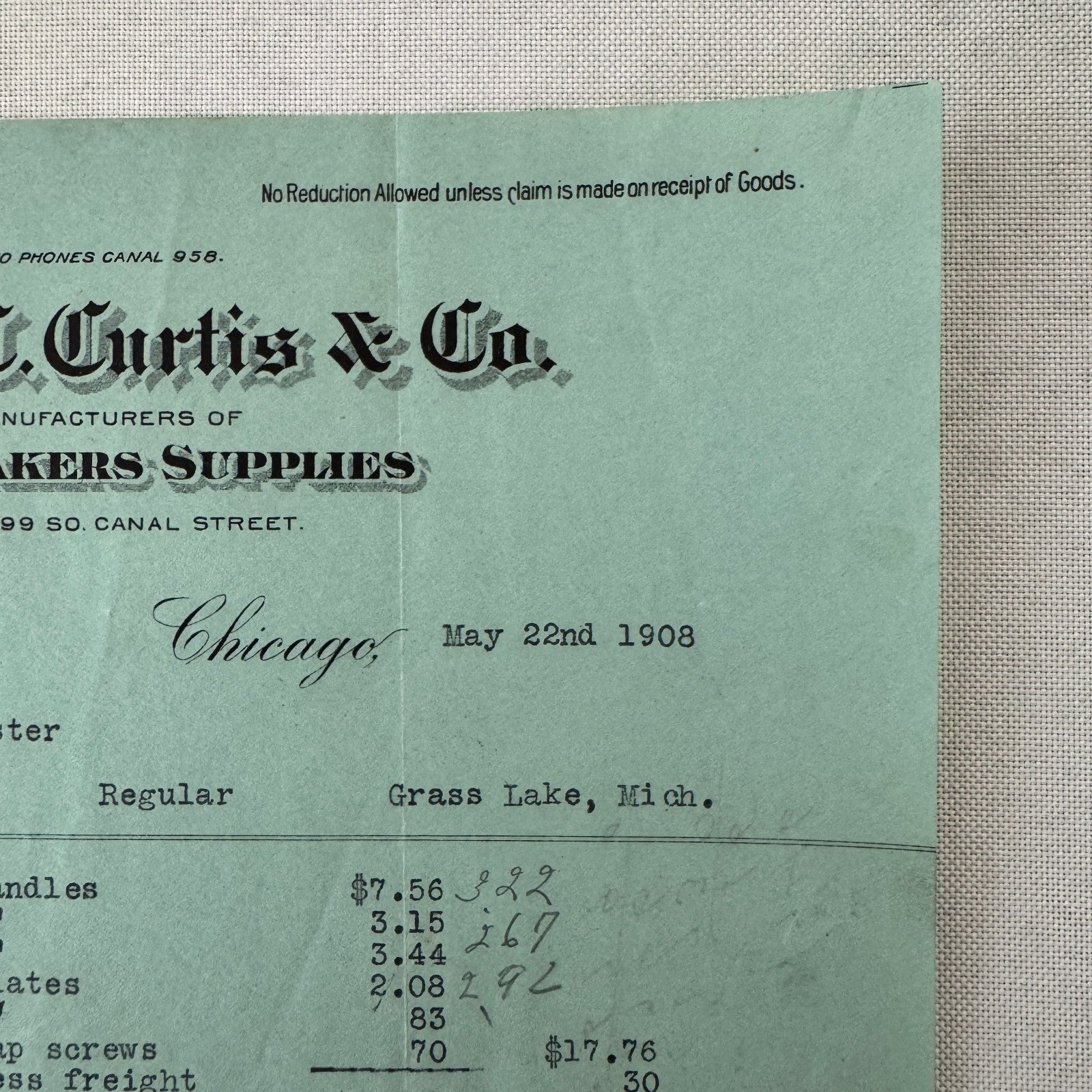 James C Curtis Company Undertakers Supplies Invoice Document 1908 Chicago