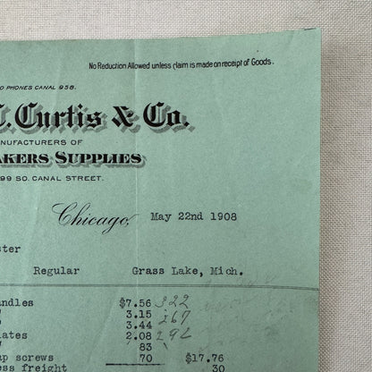 James C Curtis Company Undertakers Supplies Invoice Document 1908 Chicago