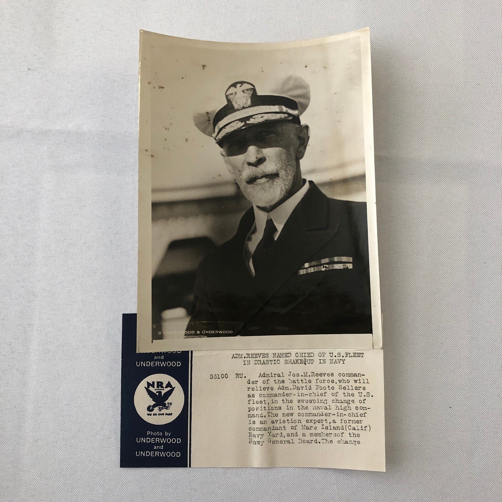 Press Photo Photograph Admiral Jos M Reeves Commander of Battle Force Underwood