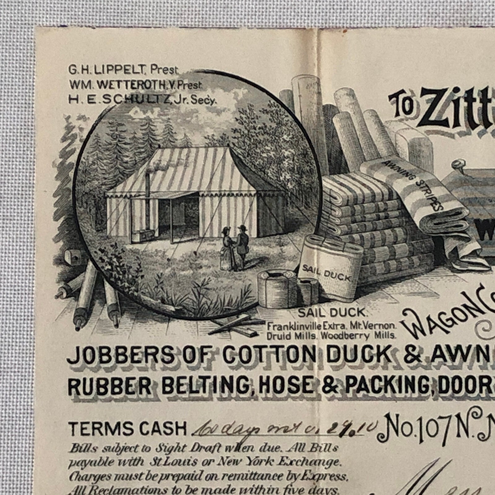 1892 Zittlosen Tent and Awning Company Advertisign Billhead Letterhead Document