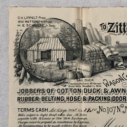 1892 Zittlosen Tent and Awning Company Advertisign Billhead Letterhead Document