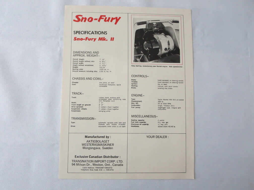 Vintage Sno-Fury MKII Swedish Snowmobile Snow Mobile Sales Sheet Brochure