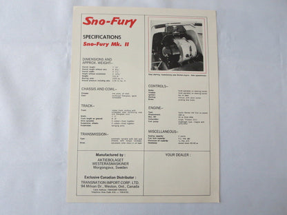 Vintage Sno-Fury MKII Swedish Snowmobile Snow Mobile Sales Sheet Brochure