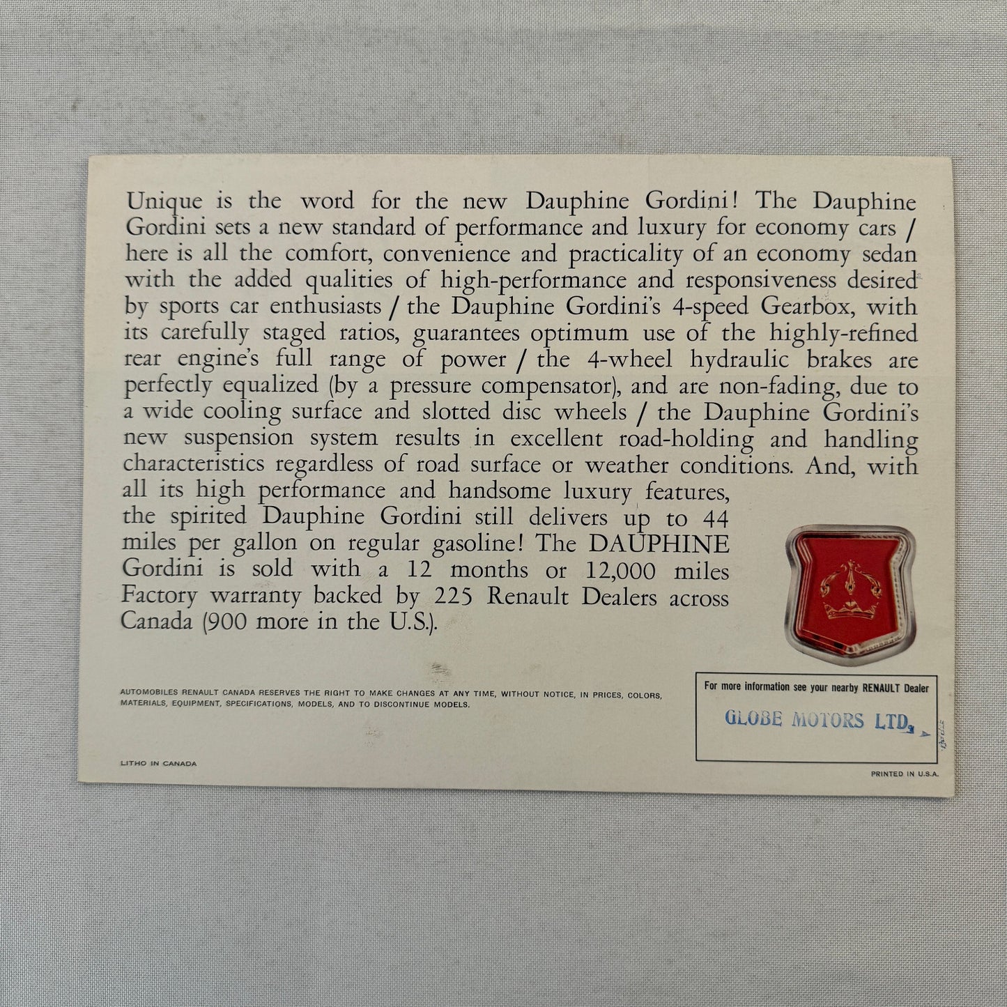 Renault Dauphine Gordini Car Sales Brochure Catalog Advertising Canadian