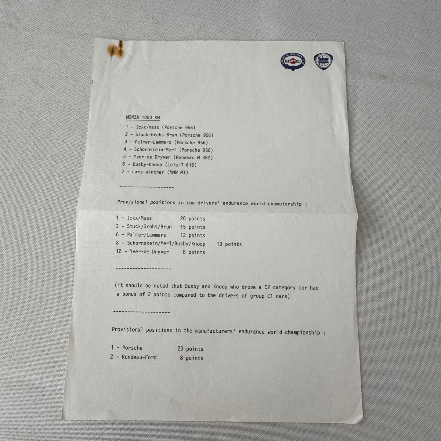 Monza 1000 KM Lancia Martini Racing Car Photo and Press Release Vintage